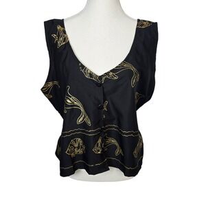 Rima Womens Black Gold Orca Whale Fish Print Sleeveless Tank Top Tie Back Sz XXL